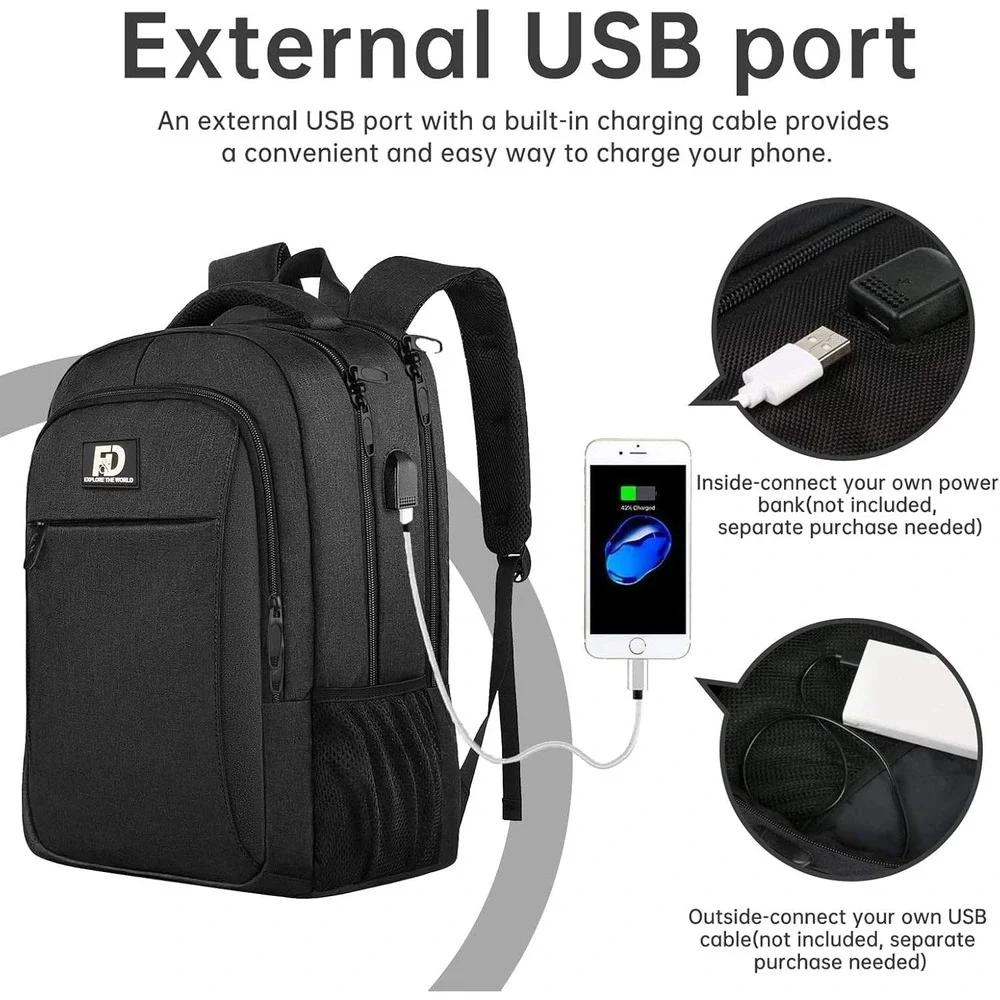 FD Explore The World Laptop Backpack Black Travel USB Charging Port 18 Inch Bag